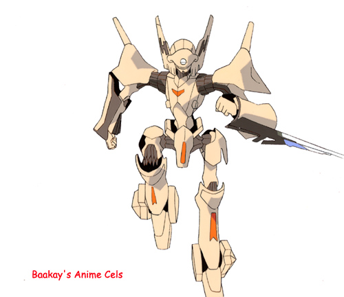 A tan and orange mecha with slicing blade extended runs toward the 