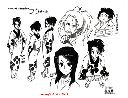 This settei sheet shows Fuu in her kimono, with her dark hair shaded in.  