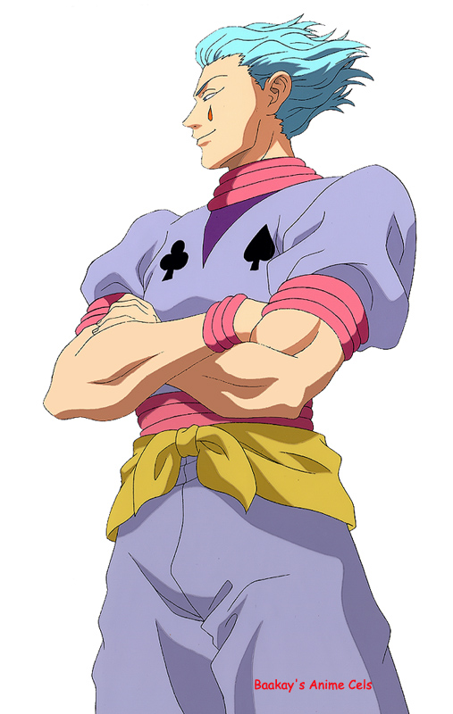 Pan cel of Hisoka standing with crossed arms and MUSCLES.