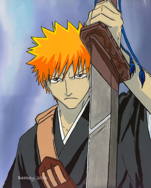 Kurosaki Ichigo in his Shinigami robes, brandishing his gleaming Zanpaktou.