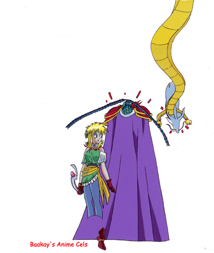 A rear view of Rubette watching Indra engage a serpent.