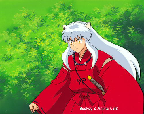 Inuyasha strides along looking serious.  A nice 2/3 shot of him.