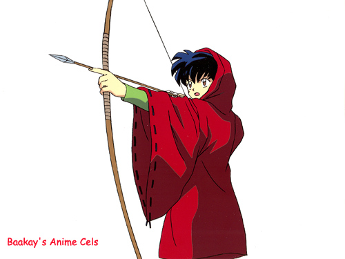 Kagome, in Inuyasha's fire-rat cloak, is about to practice some archery on an enemy.