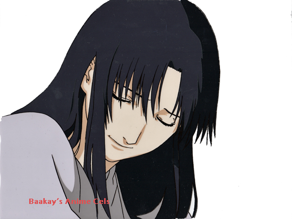 Kaoru looks down toward where Kenshin's head lies on her lap, a mixture of happiness and pain on her face.