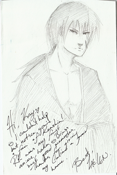 Sketch of Kenshin with note to Kay