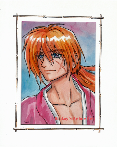 Watercolor image of Kenshin smiling, looking to our left.