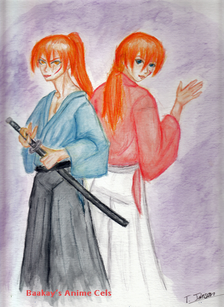 Hitokiri Battousai and Himura Kenshin stand back-to-back.