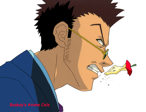 Leorio bites an apple core.