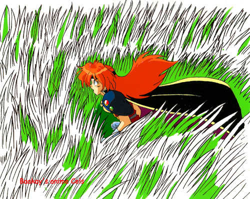 Lina dashes through the tall grass in an attempt to get away from Zelgadis.  Episode 5.