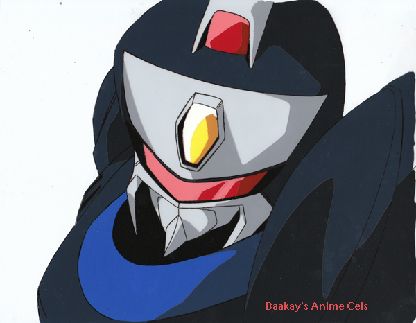 A robot or power suit, black with blue neck, red visor and yellow and red lights on top.