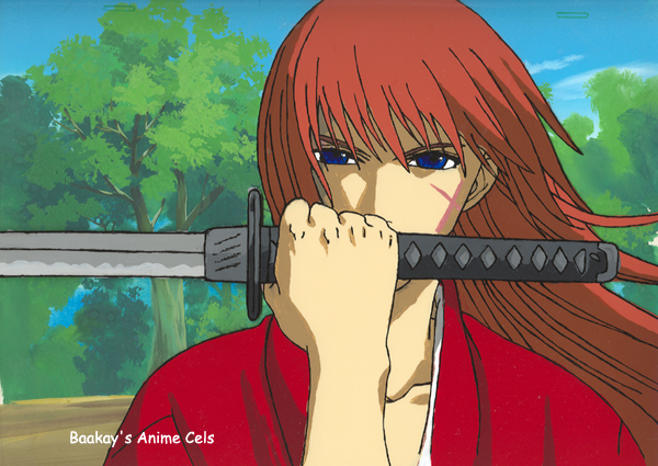 Kenshin stands in the sun, sword at the ready.