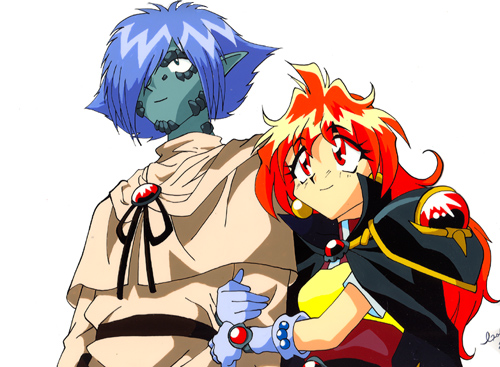 Lina holds the arm of a smiling Zel-Sama.