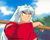 Inuyasha looks cranky as he carries water buckets with a pole.