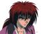 Kenshin's eyes flash as he turns to guard against approaching enemies.